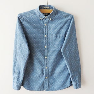 Light Blue Dotted Denim Shirt Men's Denim Jean Long Sleeve Cotton Button up Shirt Denim Summer Jacket Boyfriend Shirt Small Size