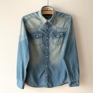 Men's denim shirt, Long sleeve blue cotton chemise, snap Button down denim jean singlet, Blue jeans top, boyfriend shirt, gift idea, medium