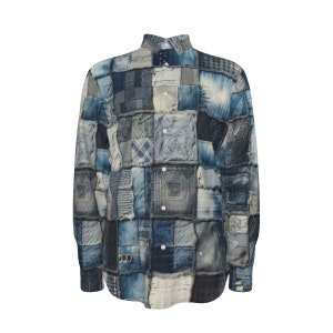 Denim Patchwork Mens Cotton Shirt, Long Sleeve Button Up Oxford Mans Dress Shirt, Distressed Jeans, Rugged Streetwear, Quilted , Blue, Gift