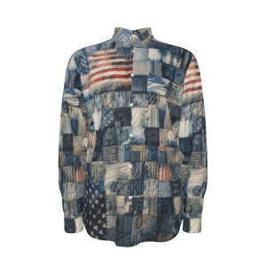 American Flag Shirt, Patchwork Denim Mens Cotton Shirt, Long Sleeve Button Up Oxford Mans Dress Shirt, Streetwear, Distressed Jeans, U.S.A