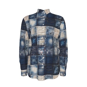 Patchwork Denim Cotton Shirt, Long Sleeve Button Up Oxford Mans Dress Shirt, Distressed Denim, Reworked Quilted, Streetwear, Gift for Man