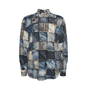 Patchwork Denim Cotton Shirt, Long Sleeve Button Up Oxford Mans Dress Shirt, Distressed Denim, Reworked Quilted, Streetwear, Gift for Man