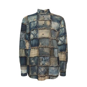Patchwork Denim Cotton Shirt, Long Sleeve Button Up Oxford Mans Dress Shirt, Distressed Denim, Reworked Quilted, Streetwear, Gift for Man