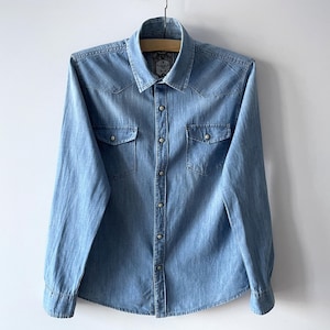 Men's denim shirt, Long sleeve blue cotton chemise, snap Button down jean singlet, Blue jeans top, boyfriend shirt, gift idea for him, small