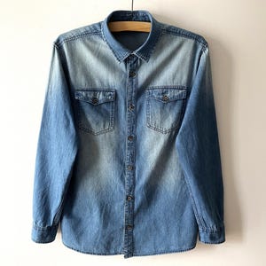 Men's denim shirt, Long sleeve blue cotton chemise, Button down denim jean singlet, Blue jeans top, boyfriend shirt, gift idea, size medium