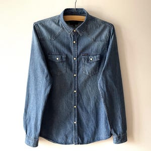 Men's denim shirt, Long sleeve blue cotton chemise, snap Button down jean singlet, Blue jeans top, boyfriend shirt, gift idea for him, small